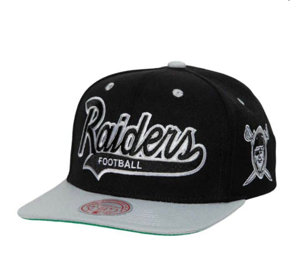 Los Angeles Raiders Mitchell & Ness Snapback Cap Hat Heather Dark Gray Crown Black Visor Black/White Script Logo